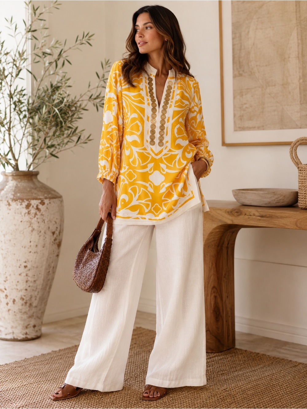 Sheridan French 100% Silk Marigold Yellow Embellished Tunic Top Size 6